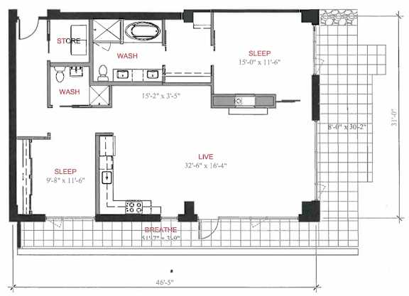 A floor plan of a small apartment with a sleeping area, a living area, and a bathroom.