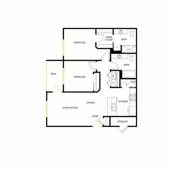 A floor plan of a house with a living room, two bedrooms, a kitchen, a bathroom, a dining area, and storage.