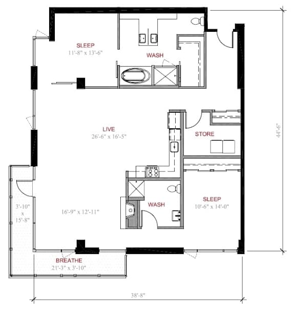 A floor plan of a small apartment with a sleeping area, a living area, a store, a wash area, and a breathe area.