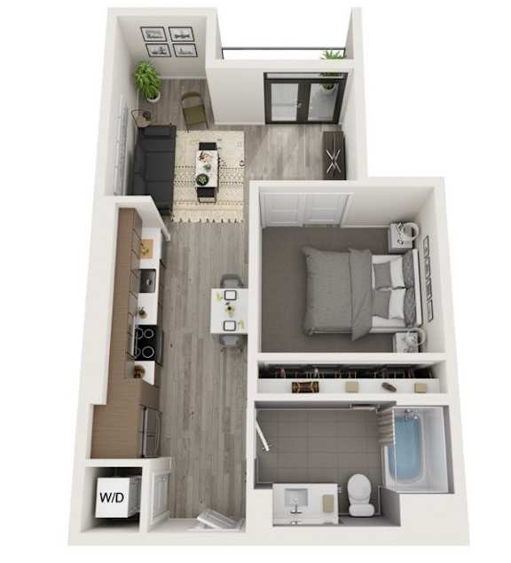 A floor plan of a small apartment with a kitchen, living room, and bathroom.
