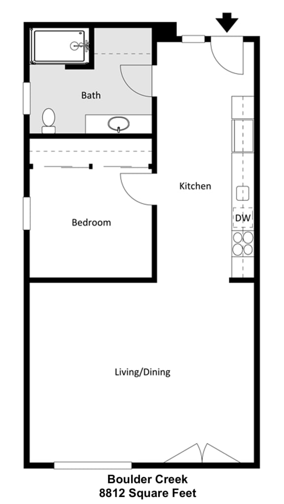a floor plan of a small house with a bathroom and a kitchen