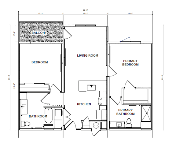 A floor plan of a house with a living room, two bedrooms, a kitchen, and two bathrooms.