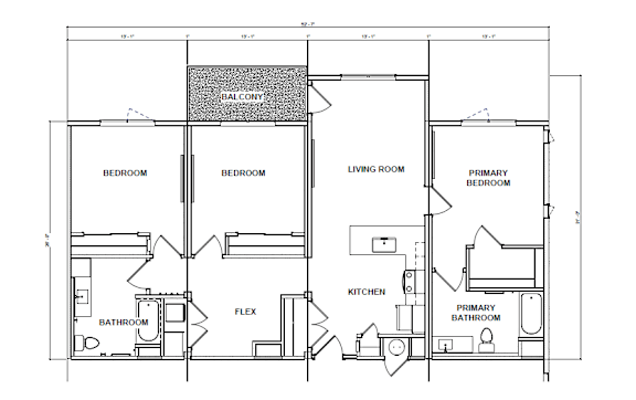 A floor plan of a house with a balcony, two bathrooms, two bedrooms, a living room, a kitchen, and a flex space.