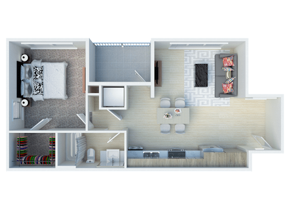 A 3D floor plan of a small apartment with a living room, kitchen, and bedroom.
