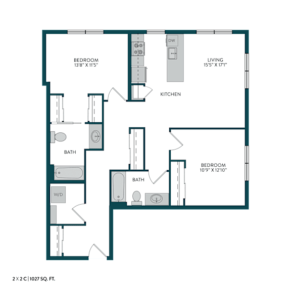 A floor plan of a 2x2 condo showing three bedrooms and a living area.