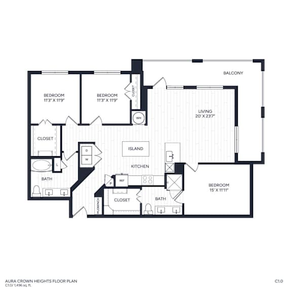A floor plan of a balcony, living room, kitchen, and bathroom.