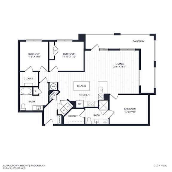 A black and white image of a floor plan for a three-bedroom apartment home with two bathrooms and a balcony