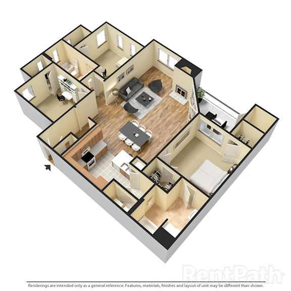 Villas at Meadow Springs 3x2 B 3D Floor Plan