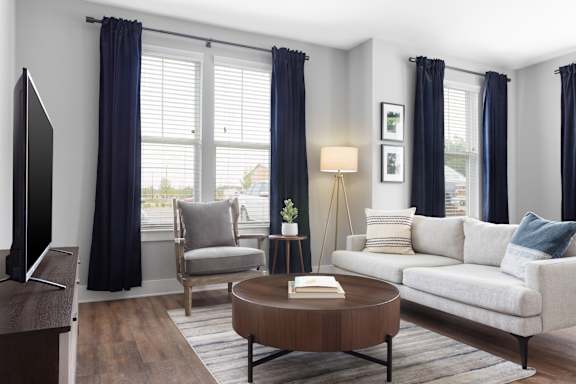 A living room with a grey sofa, a wooden coffee table, and a television.