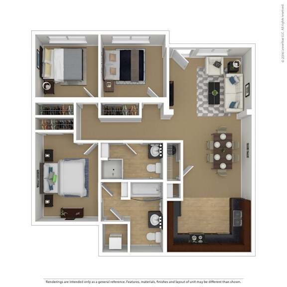 A floor plan of a small apartment with a kitchen, living room, and two bedrooms.