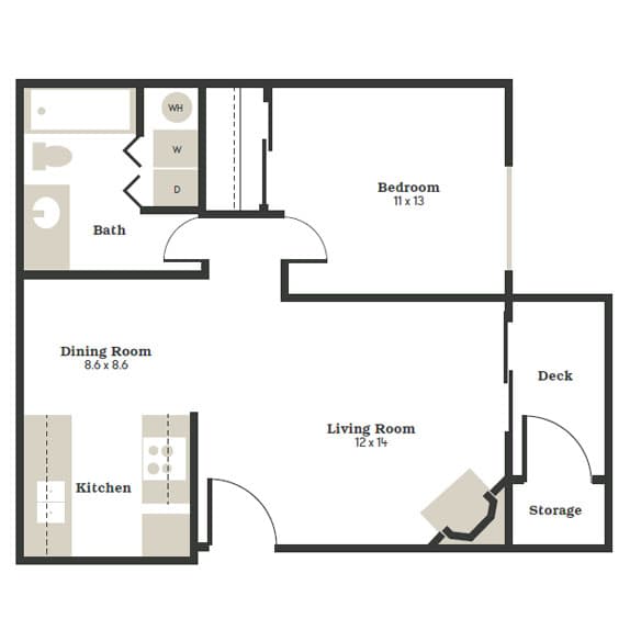 A floor plan of a small apartment with a kitchen, dining room, living room, bedroom, and storage.