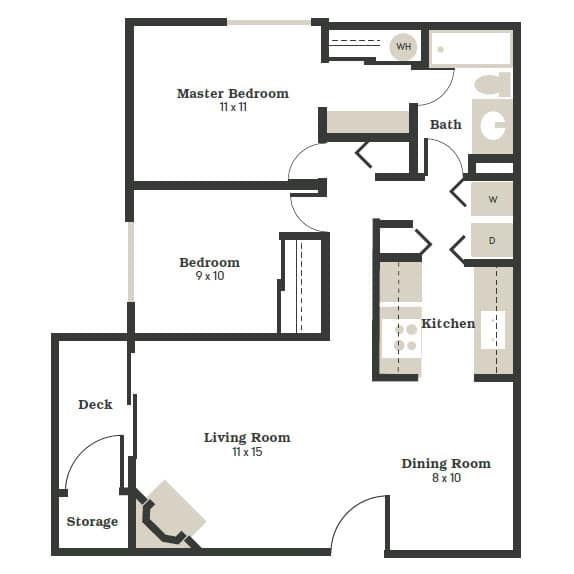 A floor plan of a house with a Master Bedroom, Bedroom, Kitchen, Living Room, Dining Room, and a Deck.