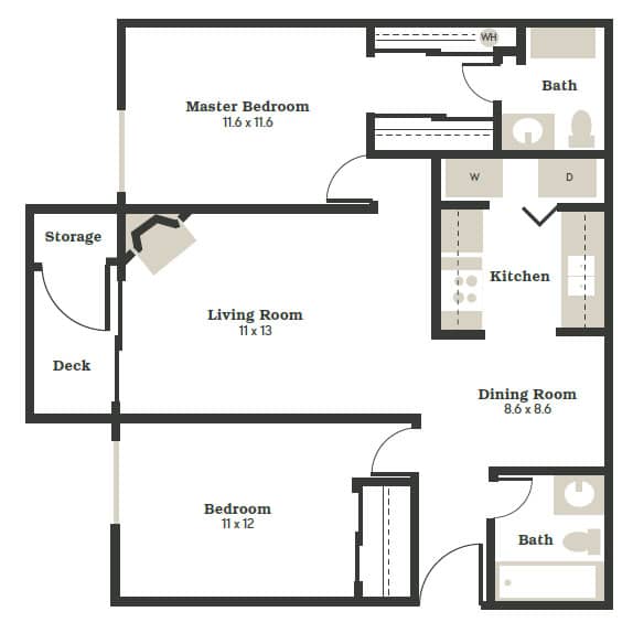 A floor plan of a house showing a living room, kitchen, dining room, two bedrooms, a master bedroom, a deck, and storage.