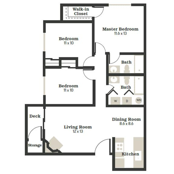 A floor plan of a house with a living room, two bedrooms, a kitchen, a dining room, and a walk-in closet.