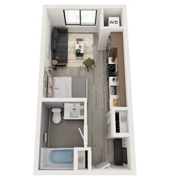 A top down view of a small apartment with a kitchen, living room, and bathroom.