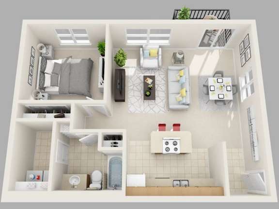 A 3D floor plan of A1 with a kitchen, living room, and bathroom.