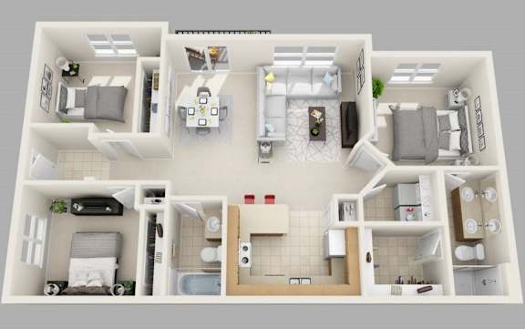 A 3D floor plan of C1 showing a kitchen, living room, dining room, and 3 bedrooms with 2 bathrooms