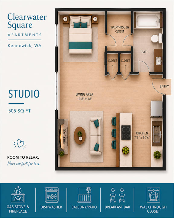 A floor plan of a studio apartment in Clearwater Square, Kennewick, WA, with a living area, kitchen, bathroom, and bedroom.
