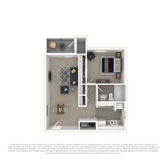 A 3D floor plan of a house with a kitchen, living room, and bathroom.
