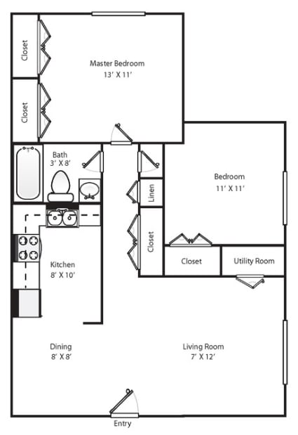 Colonial Ridge Apartments in Colonial Heights, VA Two Bedroom One Bathroom Floor Plan