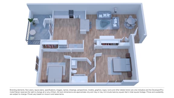 A 3D rendered image of a house layout.