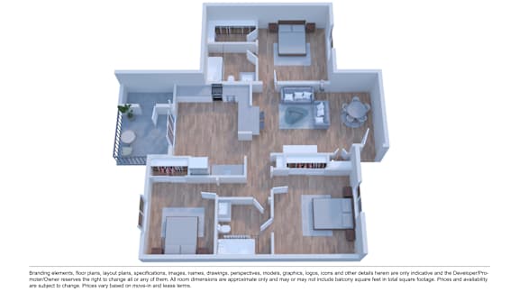 A 3D floor plan of a house with multiple rooms and furniture.