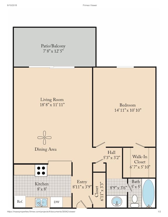 A floor plan for a home with a living room, dining area, kitchen, and bathroom.