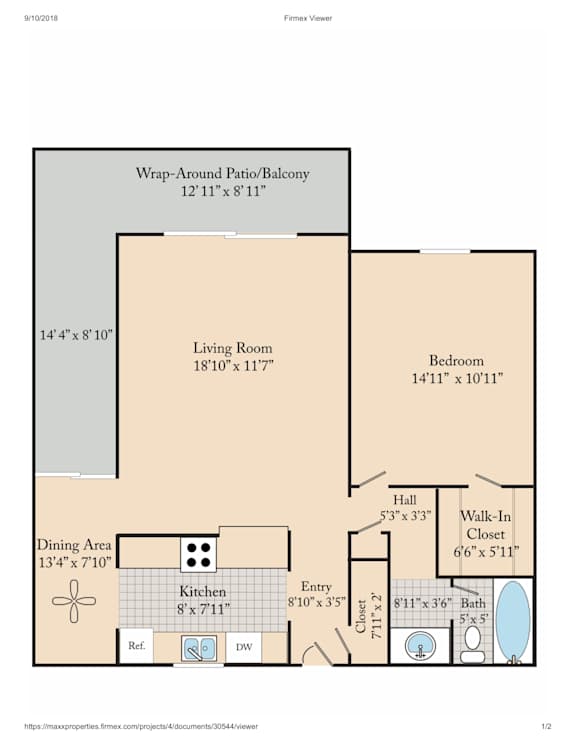 A floor plan for a home with a living room, dining area, kitchen, and bathroom.