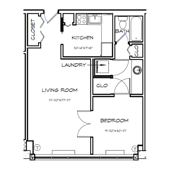 A floor plan of a small apartment with a living room, bedroom, kitchen, and bathroom.