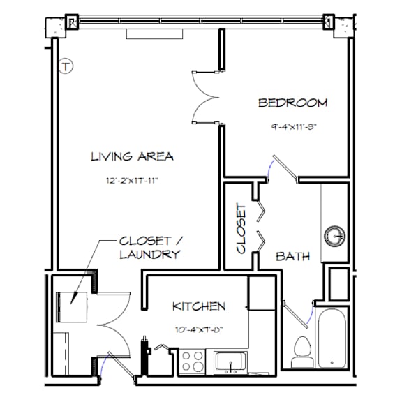 A floor plan of a small apartment with a living area, kitchen, bedroom, bathroom, closet, and laundry space.