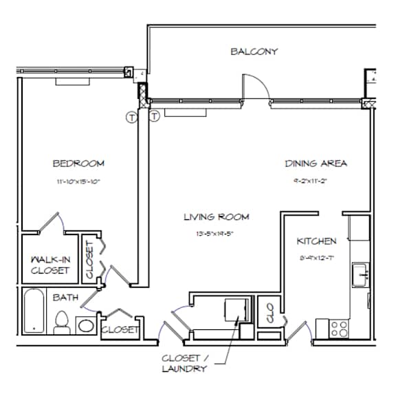 A black and white floor plan of a small apartment with a bedroom, living room, kitchen, and bathroom.