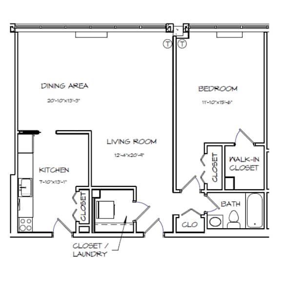 A floor plan of a small apartment with a living room, dining area, kitchen, bedroom, bathroom, and closet.
