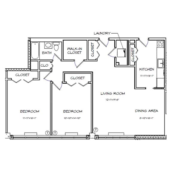 A floor plan of a house with labeled rooms such as Bath, Kitchen, Living Room, Dining Area, Bedroom, Closet, Walk-in Closet, and Laundry.
