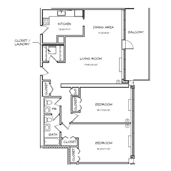 A floor plan of a house with labeled rooms such as kitchen, living room, and bath.