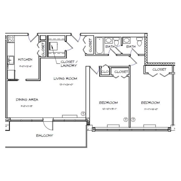 A floor plan of a house with a kitchen, living room, dining area, two bedrooms, a bathroom, a closet/laundry, and a balcony.