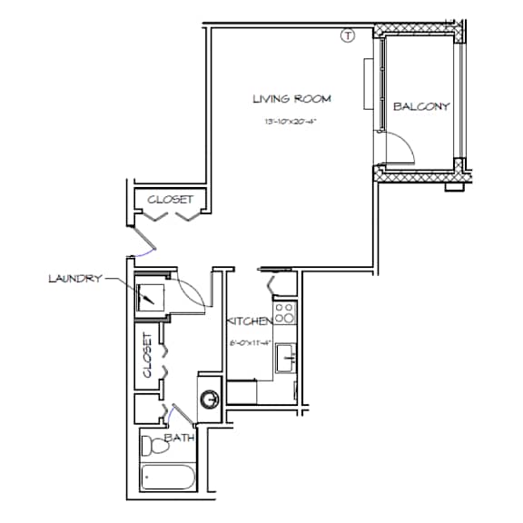 A floor plan of a small apartment with a living room, kitchen, bathroom, and laundry area.