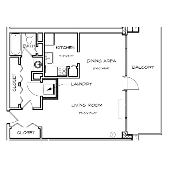 A black and white image of a floor plan for a small apartment.