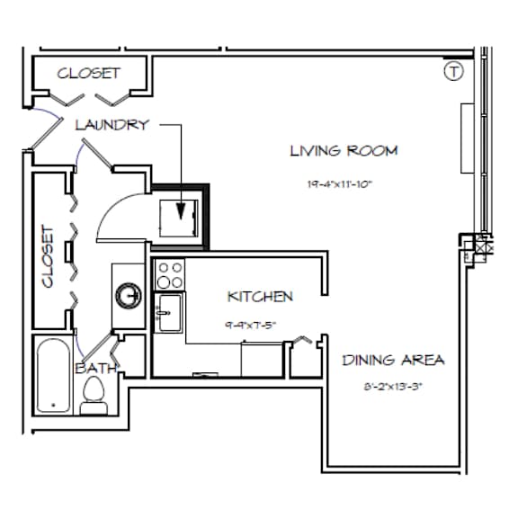 A floor plan of a small apartment with a living room, kitchen, dining area, and bathroom.