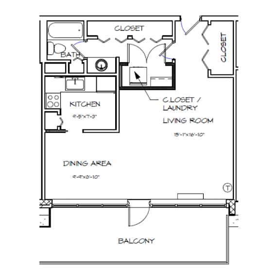 A floor plan of a house with a kitchen, living room, and dining area.