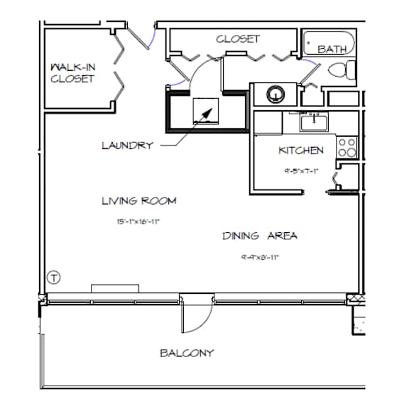 A floor plan of a home with a living room, dining area, kitchen, bath, and laundry room.