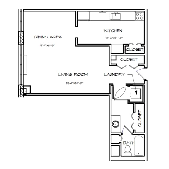 A floor plan of a small apartment with a living room, dining area, kitchen, bathroom, and laundry room.