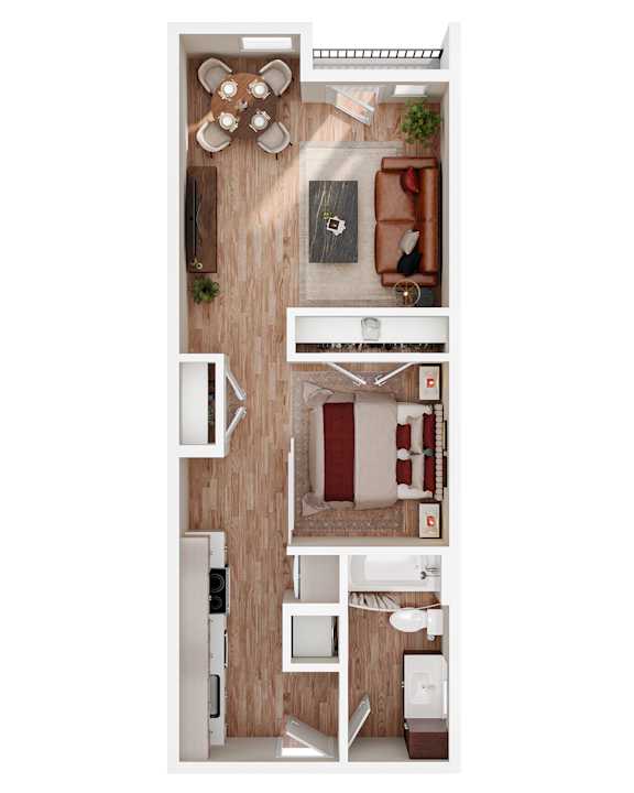 A top-down view of a modern apartment layout.