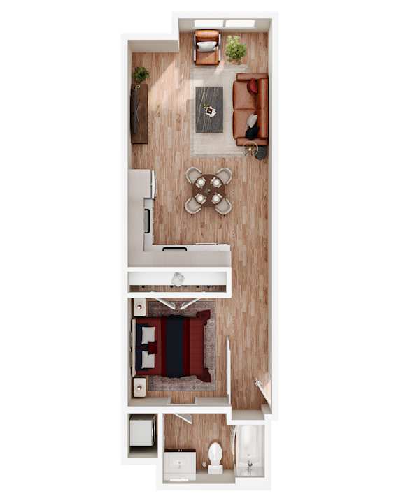 A top-down view of a modern kitchen with a dining area.