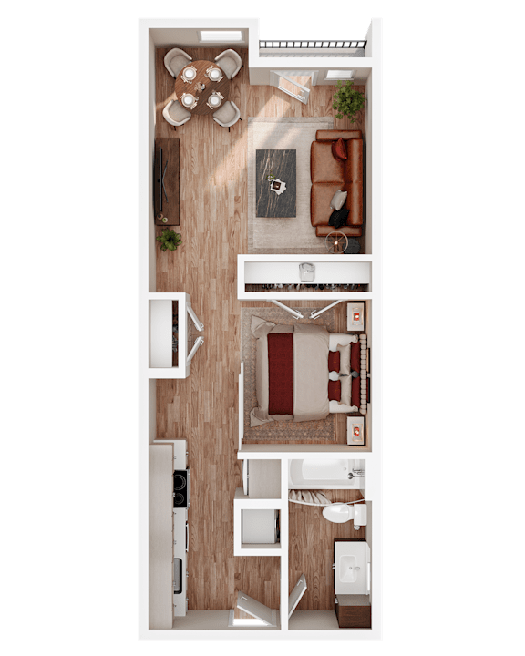 A top-down view of a small apartment with a kitchen, living room, and bedroom.