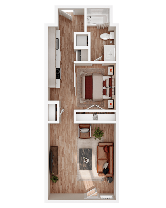 A top-down view of a small apartment with a bedroom, living room, and kitchen.