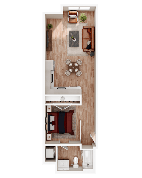 A top-down view of a small apartment with a kitchen, living room, and bathroom.