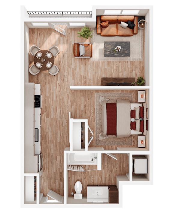 A top-down view of a small apartment with a kitchen, living room, and bathroom.