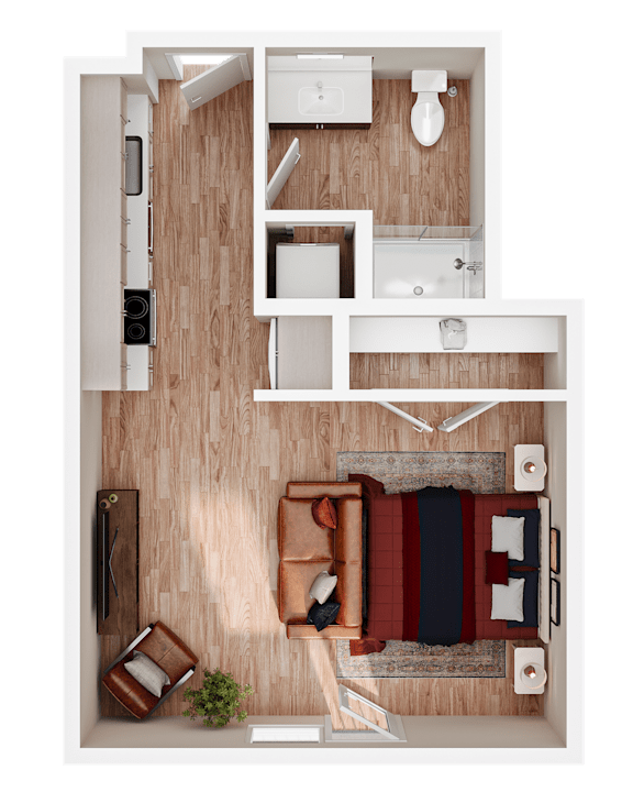 A top-down view of a room with a couch, chairs, and a table.