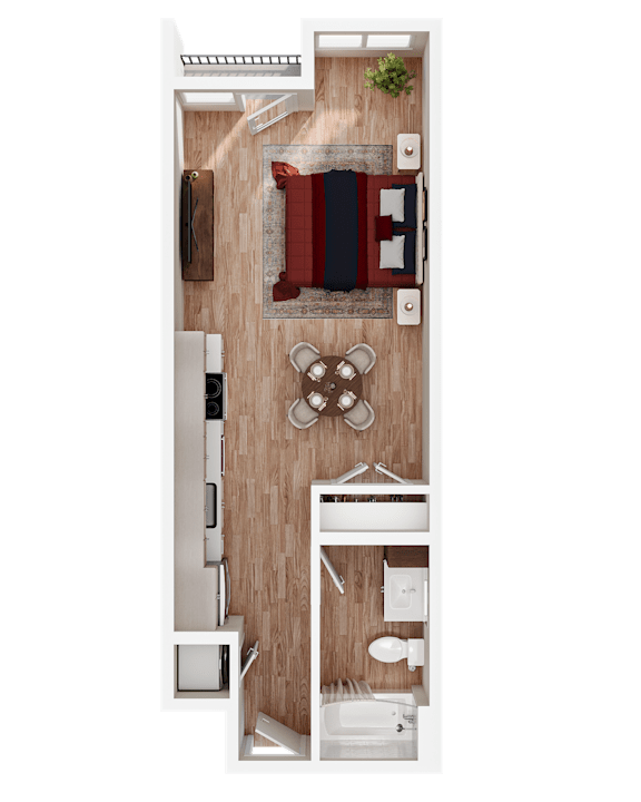 A top-down view of a small, neatly organized apartment with a kitchen area.