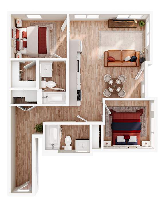 A top-down view of a small apartment with a bedroom, living room, and bathroom.